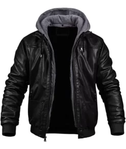 Ronald Classic Black Real Leather Jacket with Hood