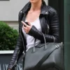 Rosie Huntington Whiteley Black Ribbed-Design Moto Leather Jacket