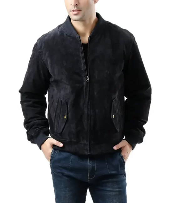 Rowan Men’s Navy Relaxed Urban Suede Bomber Genuine Leather Jacket