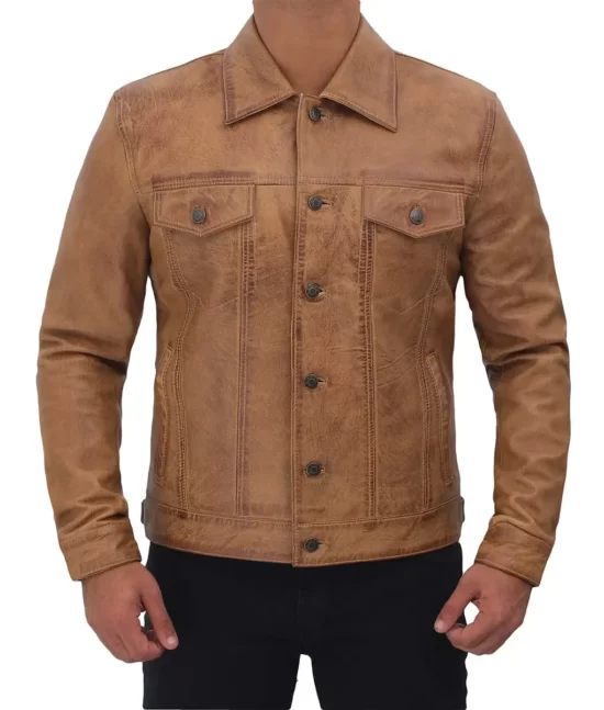 Scott Men’s Camel Brown Distressed Vintage Real Leather Trucker Jacket