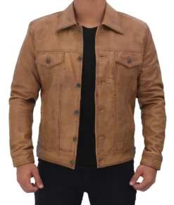 Scott Men’s Camel Brown Distressed Vintage Leather Trucker Jacket