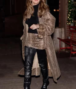 Selena Gomez Snake Pattern Top Leather Coat
