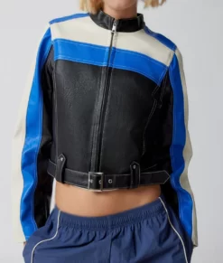 Shelby Fairbrook Blue Crop Leather Biker Best Jacket
