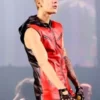 Singer Justin Drew Bieber Believe Tour Red Leather Vest With Black Hood