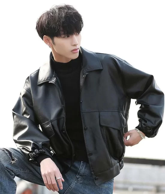 Taehyu Black Genuine Leather Bomber Jacket