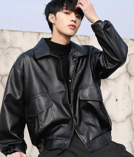 Taehyu Black Leather Bomber Jacket