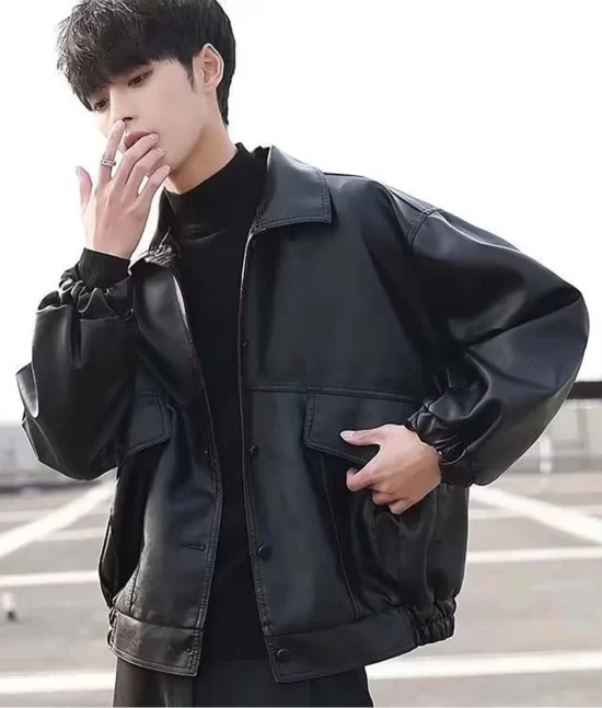 Taehyu Black Real Leather Bomber Jacket