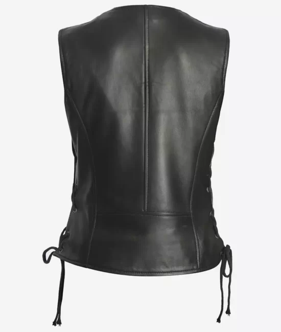 Teresa Women's Black Leather Biker Leather Vest Back