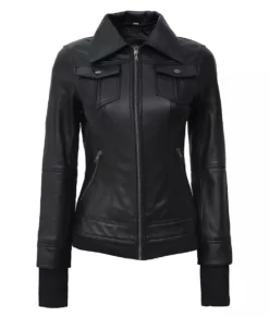 The Céleste Women's Black Bomber Full Genuine Leather Jacket