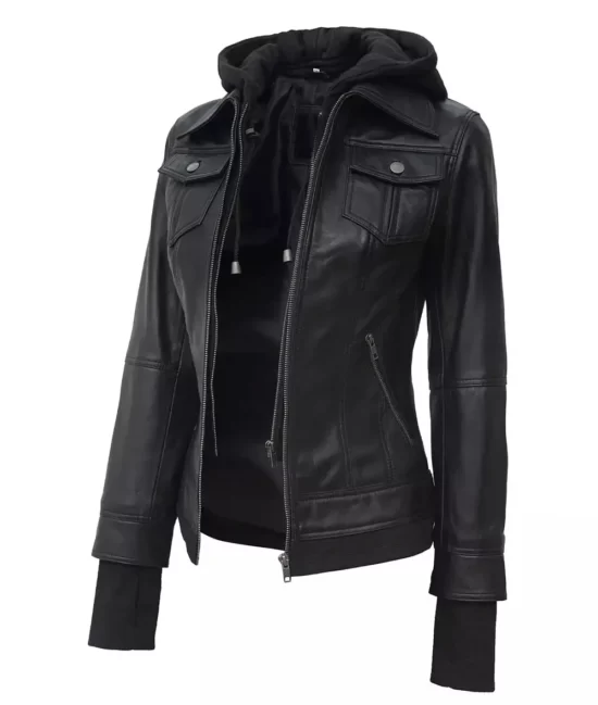 The Céleste Women's Black Bomber Full Genuine Leather Jacket With Removable Hood