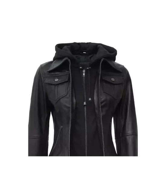 The Céleste Women's Black Bomber Genuine Leather Jacket With Removable Hood