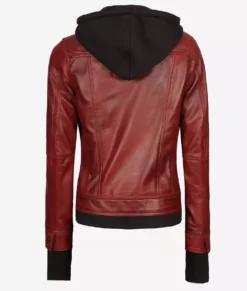 The Céleste Womens Maroon Bomber Best Leather Jacket With Removable Hood