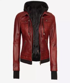 The Céleste Womens Maroon Bomber Full Genuine Leather Jacket With Removable Hood