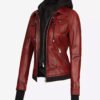 The Céleste Womens Maroon Bomber Full Grain Leather Jacket With Removable Hood