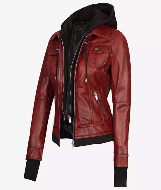 The Céleste Womens Maroon Bomber Full Grain Leather Jacket With Removable Hood