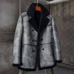 Thomas Best Black Grey Double Breasted Shearling Coat