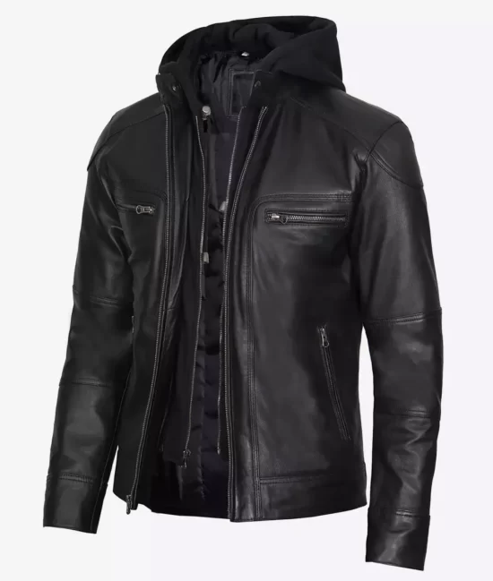Todd Men's Black Hooded Limited Edition Cafe Racer Real Leather Jacket