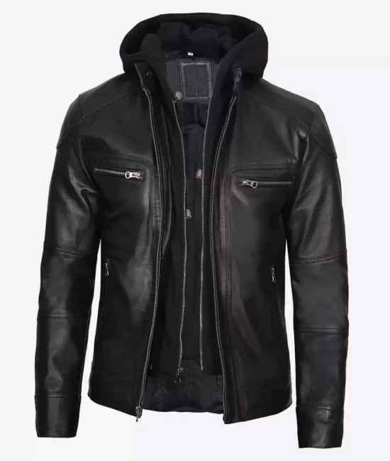 Todd Mens Black Hooded Limited Edition Cafe Racer Top Leather Jacket