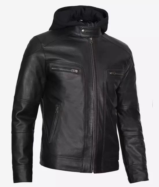 Todd Mens Cafe Racer Black Best Leather Jacket with Hood