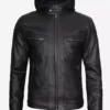 Todd Mens Cafe Racer Black Genuine Leather Jacket with Hood