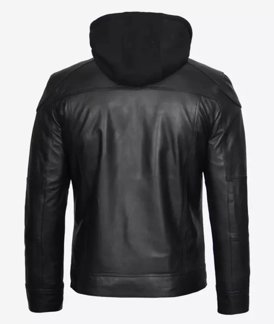 Todd Mens Cafe Racer Black Premium Leather Jacket with Hood
