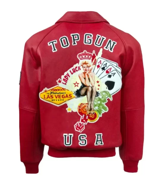 Top Gun USA Lady Lucky Red Bomber Zip Up Leather Jacket