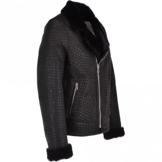 Torres Black Snake Pattern Fur Collar Premium Biker Jacket