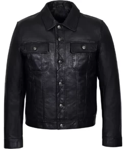 Travis Men’s Black Quilted Modern Fit Leather Trucker Jacket
