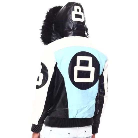 Tri Color Men's 8 Ball Color Block Bomber Fur Hooded Leather Jacket