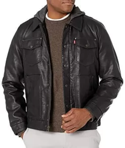 Tristan Men’s Black Hooded Top Leather Trucker Jacket