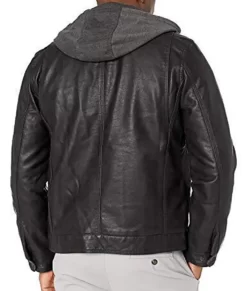 Tristan Men’s Black Hooded Leather Trucker Jacket