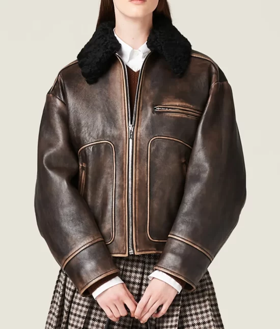 Veronica Ferraro Brown Shearling Real Leather Jacket Front