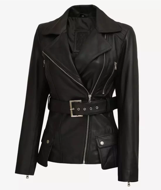 Victoria Black Asymmetrical Four-Pocket Belted Motorcycle Full Genuine Leather Jacket