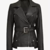 Victoria Women's Black Asymmetrical Four-Pocket Belted Motorcycle Full Genuine Leather Jacket