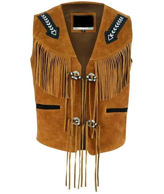 Virgil Men’s Tan Brown Fringe Western Cowboy V-Neck Suede Vest