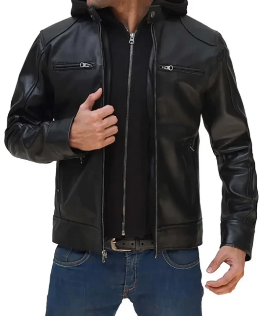 Wallace Men’s Black Hooded Cafe Racer Leather Jacket