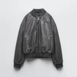 Grey Zara Washed Effect Leather Bomber Jacket
