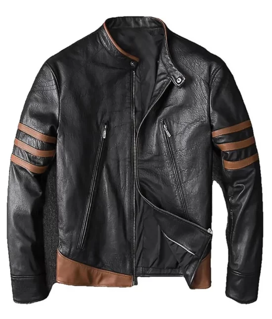 Wolverine Men’s Black Striped Leather Cafe Racer Jacket