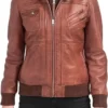 Women Best Biker Bomber Brown Leather Hooded Jacket