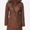 Women Brown With Fur Trim Removable Hood Leather Coat