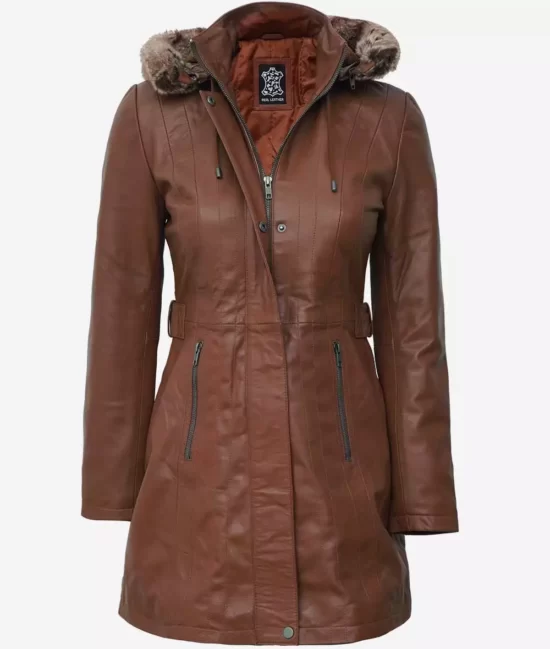 Women Brown With Fur Trim Removable Hood Leather Coat