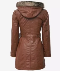 Women Brown With Fur Trim Removable Hood Pure Leather Coat