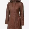 Women Brown With Fur Trim Removable Hood Real Leather Coat
