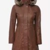 Women Brown With Fur Trim Removable Hood Top Leather Coat