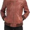 Women Genuine Biker Bomber Brown Leather Hooded Jacket