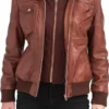 Women PremiumBiker Bomber Brown Leather Hooded Jacket