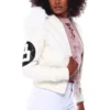 Women's 8 Ball David Puddy White Bomber Fur Hood Collar Real Leather Jacket
