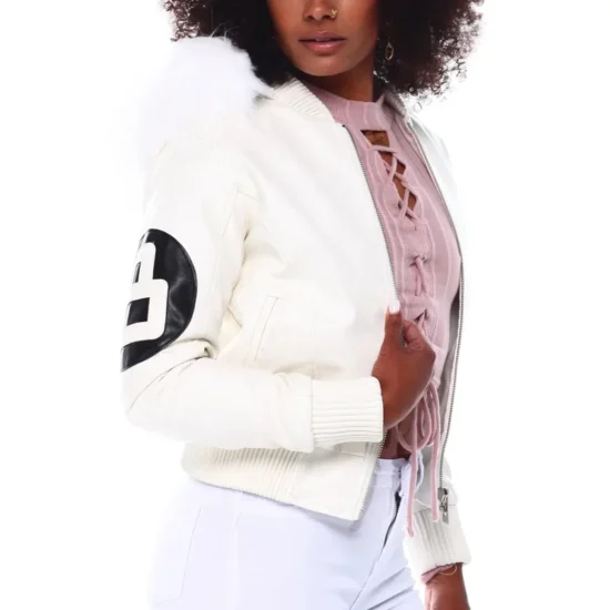 Women's 8 Ball David Puddy White Bomber Fur Hood Collar Real Leather Jacket