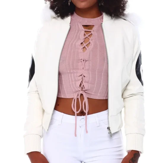 Women's 8 Ball David Puddy White Bomber Fur Hooded Leather Jacket