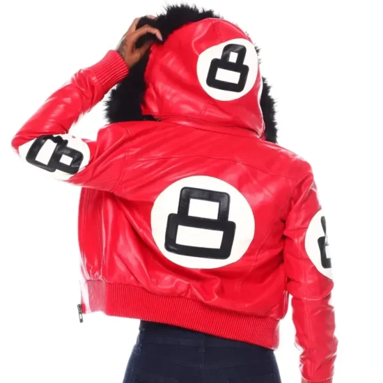 Women's 8 Ball Red Bomber Fur Hooded Leather Jacket
